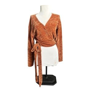 Women's Long Sleeve Burnt Orange Ribbed V Neck Tie Closure Wrap Sweater Size Med